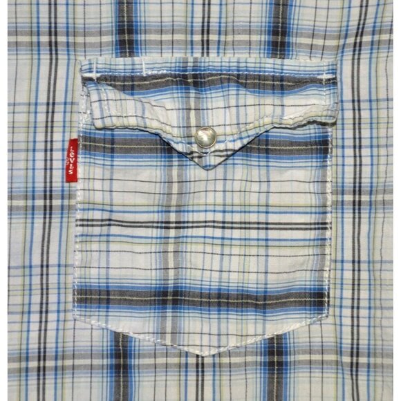 Levi’s Blue & White Plaid Pearl Snap Short Sleeve Button Up Western Shirt M - Picture 4 of 9